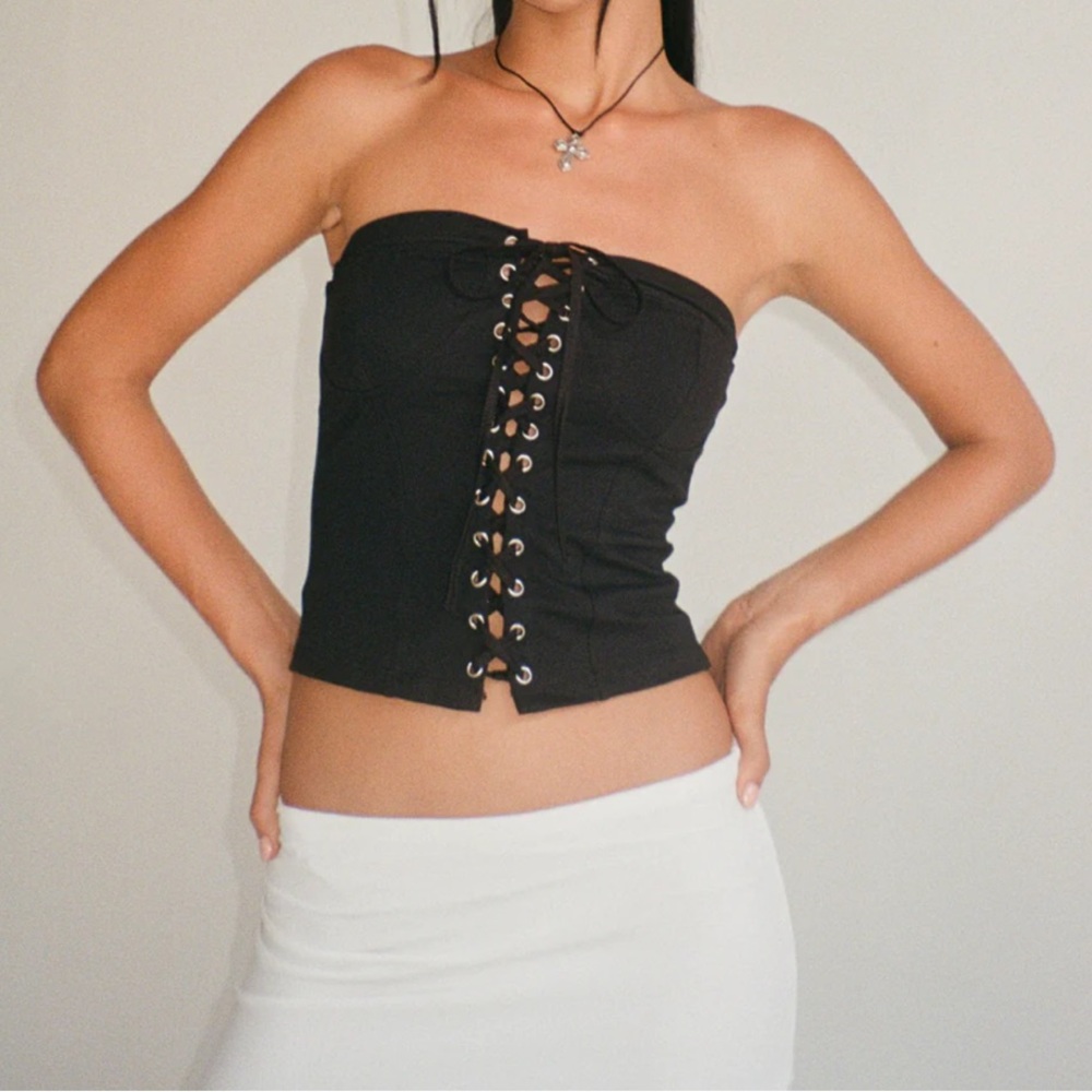 Black Lace-Up Bandeau Top